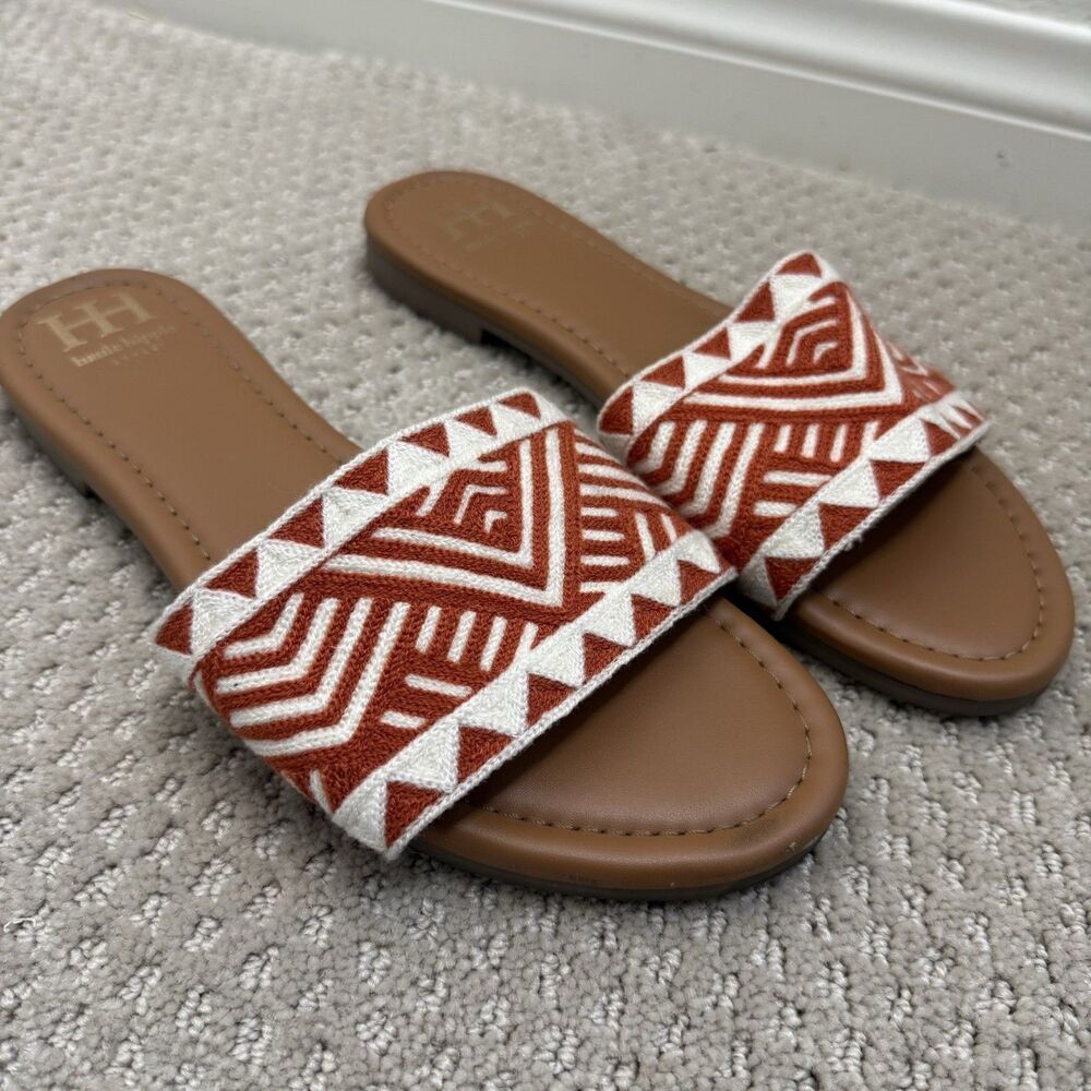 Haute Hippie Boho Embroidered 9.5 Southwestern Aztec Print Slip On Slide Sandals